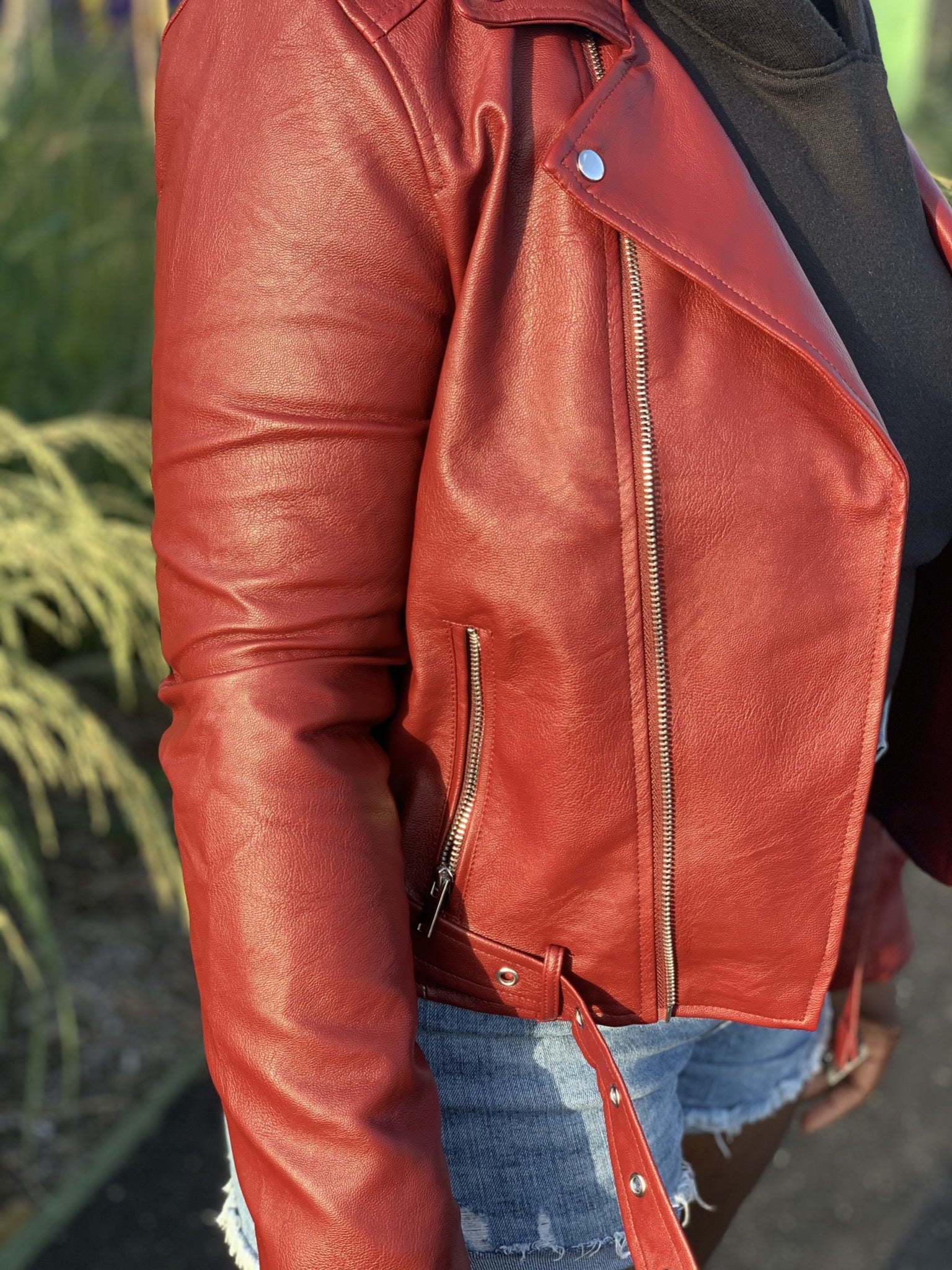 Red Faux-Leather Moto Jacket