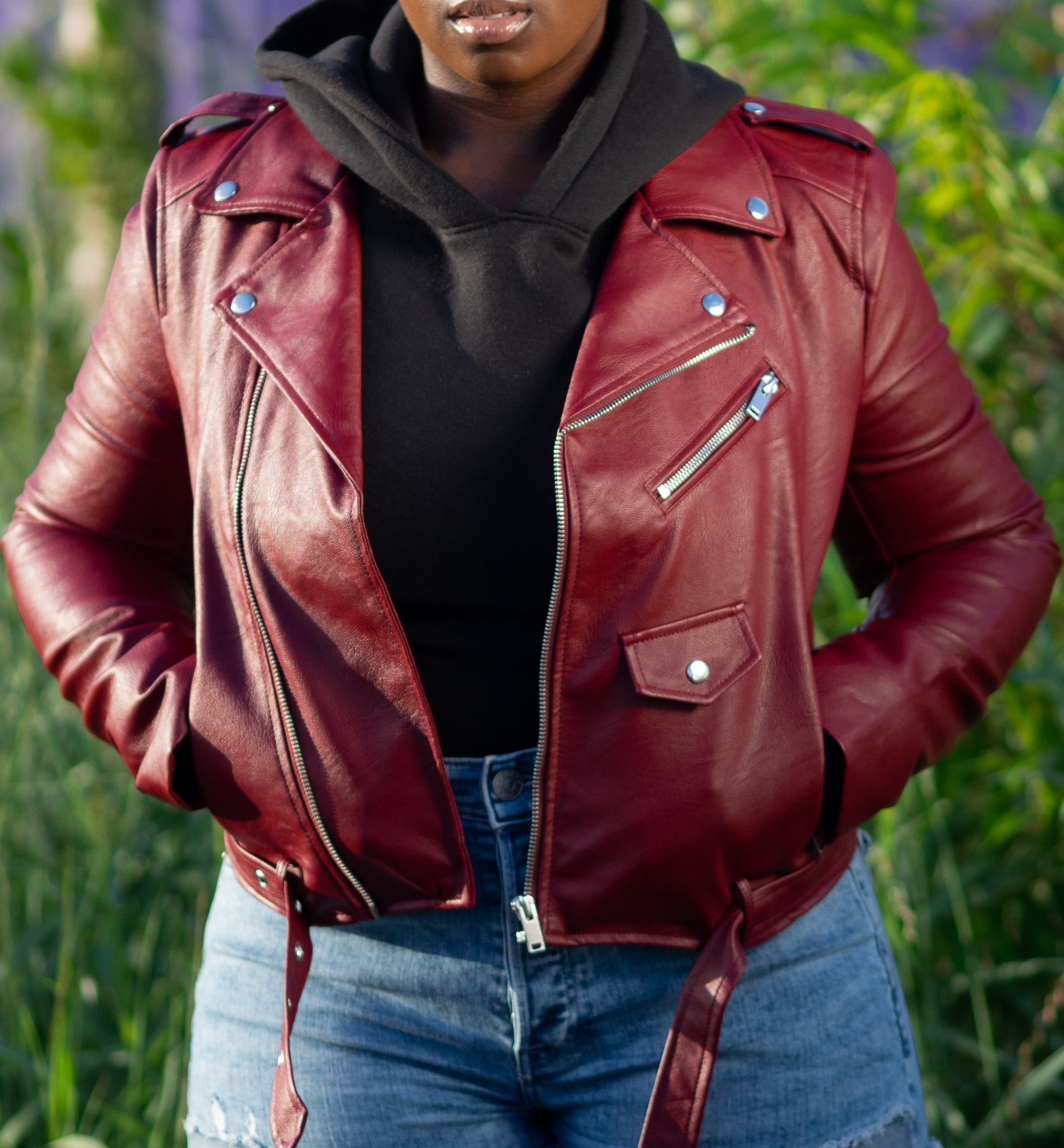 Red Faux-Leather Moto Jacket