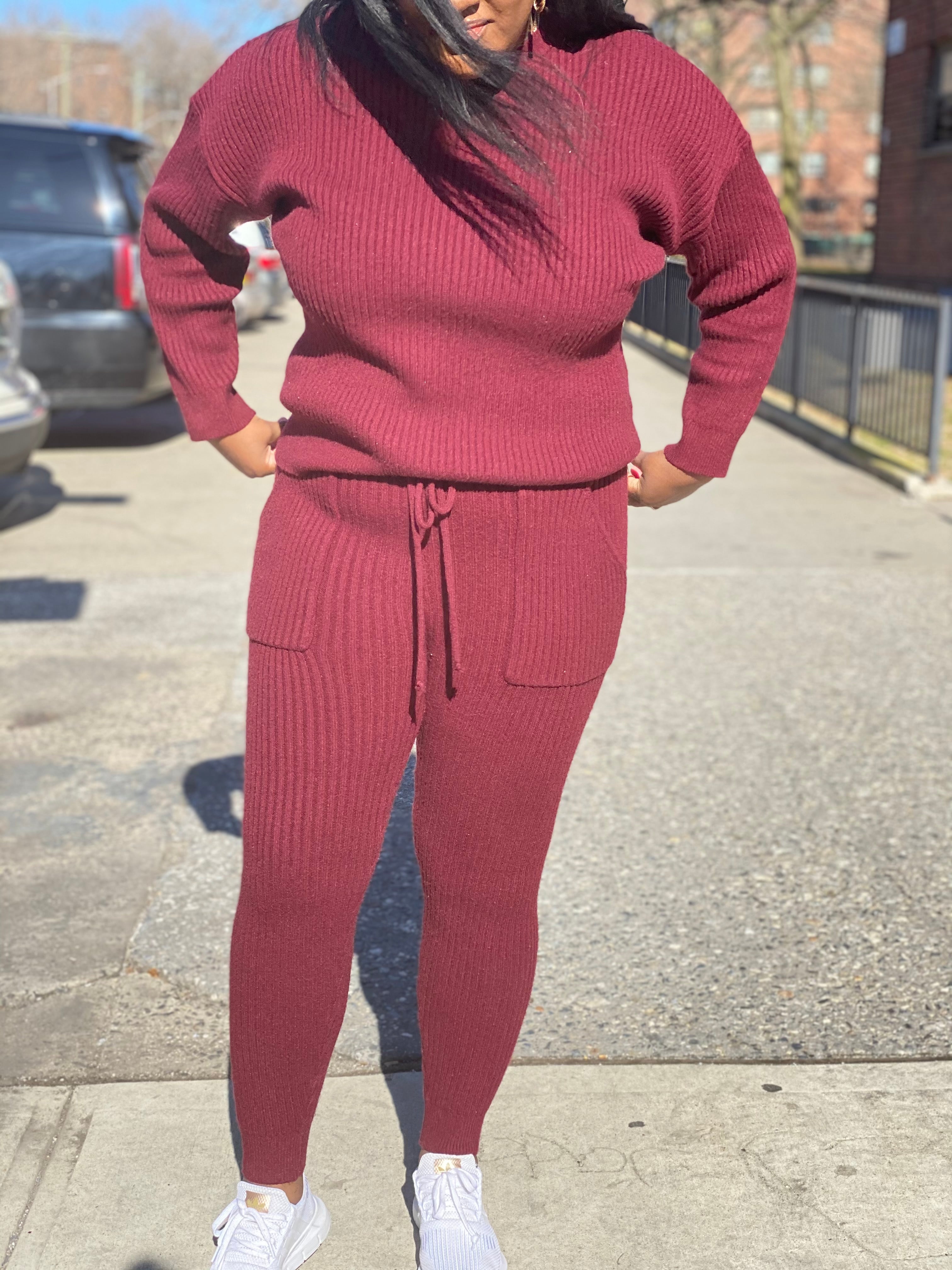 Burgundy Ribbed-Knit Two Piece Plus Matching Set